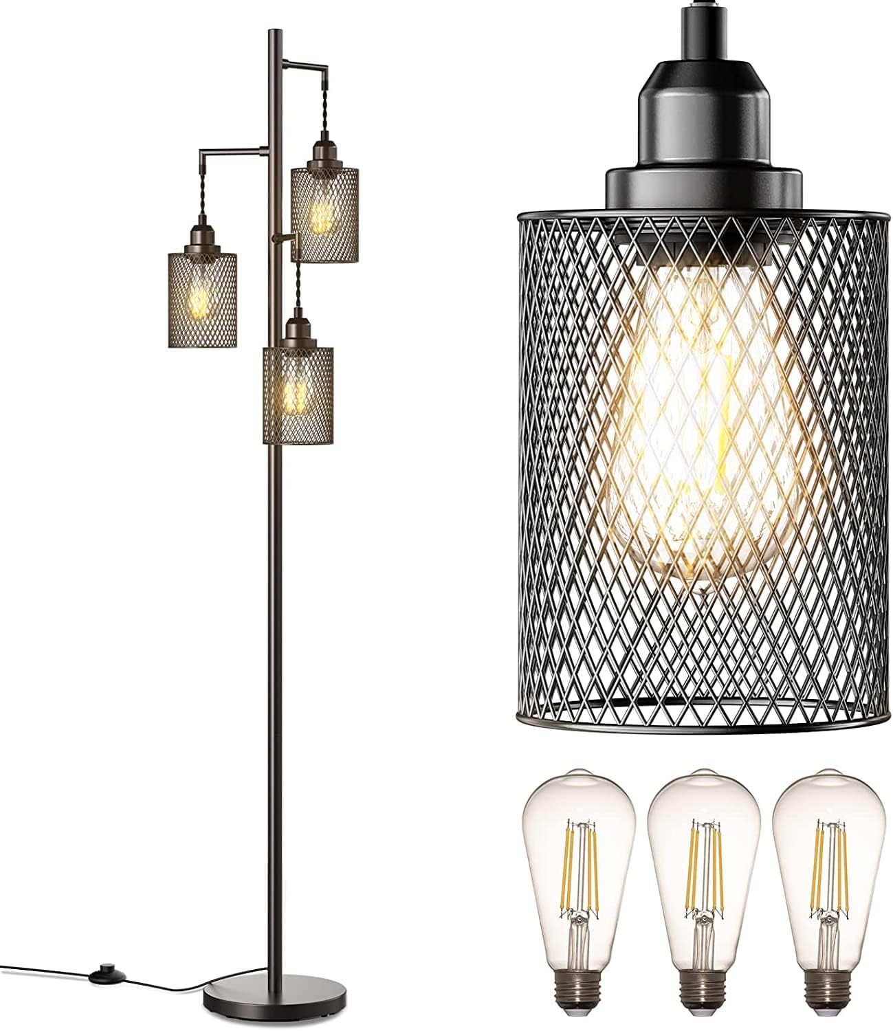 addlon LED Industrial Floor Lamp for Living Room Farmhouse Rustic, with 3 Cage Heads Lights and 3 Edison LED Bulbs, Standing Tall Vintage Tree Lamps for Bedroom and Office - Black