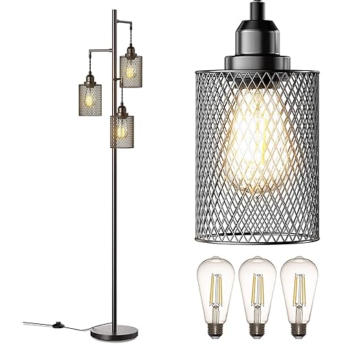 addlon LED Industrial Floor Lamp for Living Room Farmhouse Rustic, with 3 Cage Heads Lights and 3 Edison LED Bulbs, Standing Tall Vintage Tree Lamps for Bedroom and Office - Black