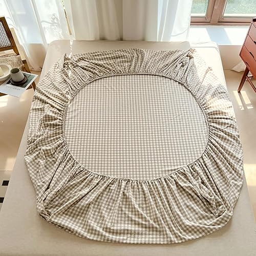 Miniatura 4 de Sábana bajera ajustable de algodón lavado 100% en color topo con diseño Gingham para cama queen, con bolsillo profundo de 15 pulgadas, sábana bajera