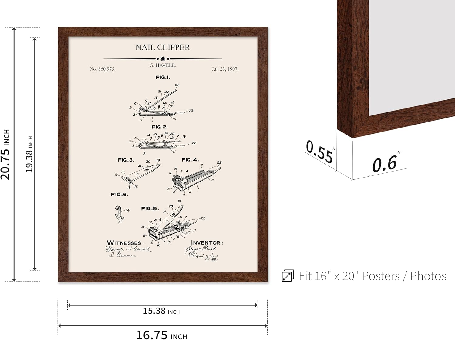 Poster Master 4-Piece Nail Clipper Blueprint Poster - Nail Polish Protector Patent Print - Polish Applicator Design - Dryer/Salon Art - Technical Drawing - Salon Decor - 16x20 Brown Framed