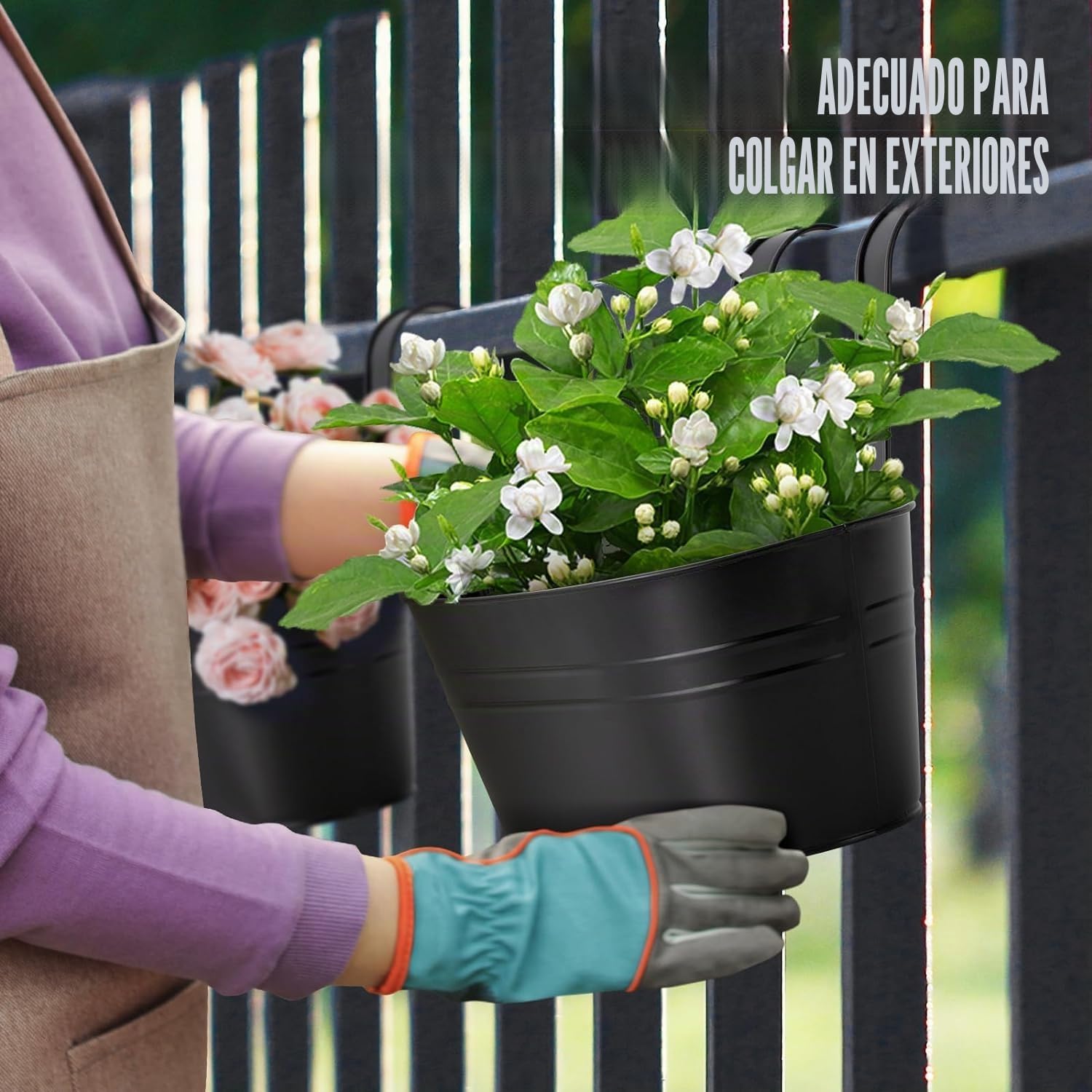 LATERN 4 Piezas Macetas Colgantes de Metal, 27,5CM Macetas Grandes Cubo Colgante para Flores con Gancho Desmontable para Balcón Valla Jardín Hogar Decoración (Negro)