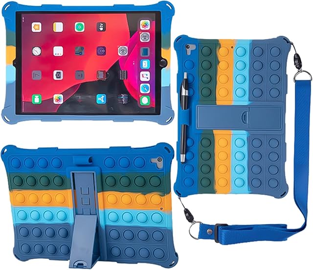 ZOOMALL Push Pop Fidget Toys Case for iPad 10.2 2021/2020/2019 - iPad 9th/8th/7th Generation Kids Case Stress Release [Stylus] [Pencil Holder] [Stand] [Shoulder Strap]-Colourful Dark Blue