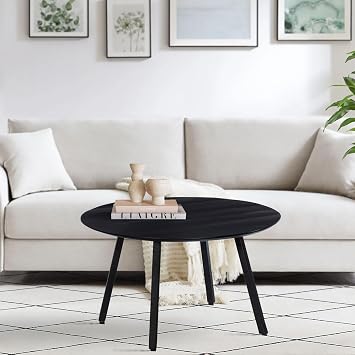 Home Source Living Room Mango Wood Round Coffee Table, Black Iron Legs, 70cm