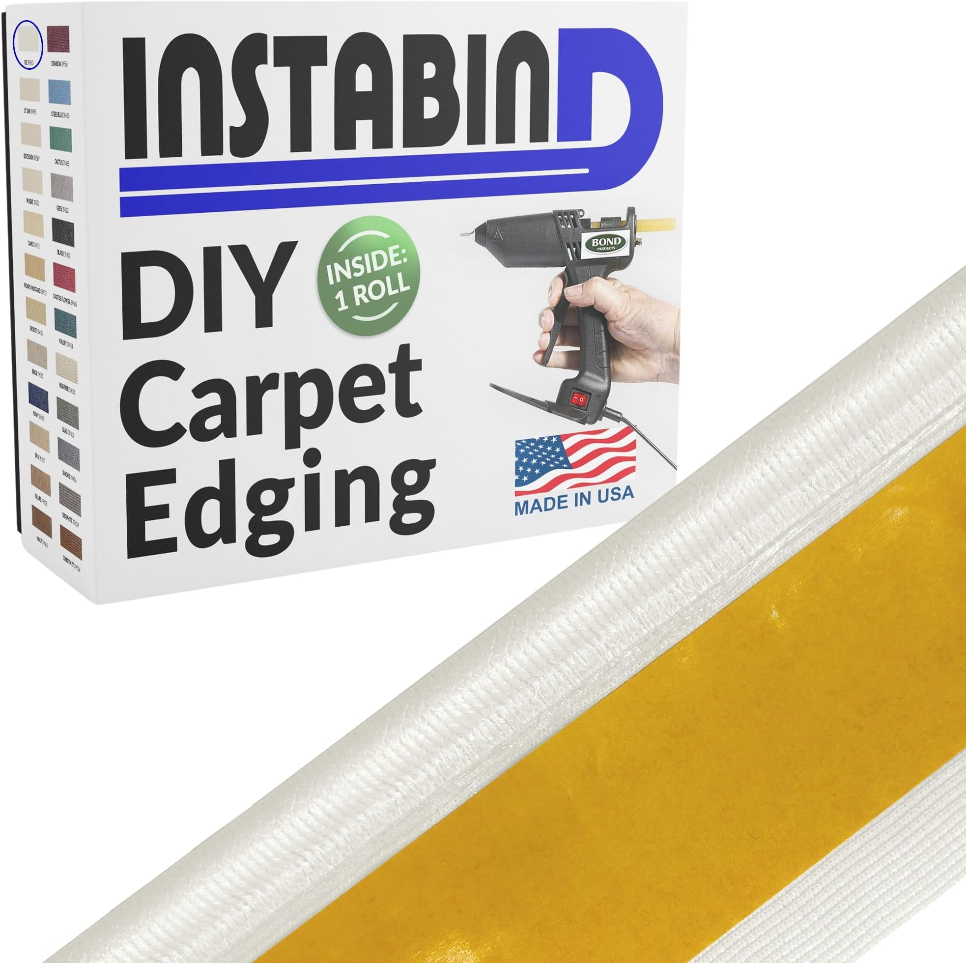 Instabind 54 ft Roll Premium Carpet Edge Binding – Regular Style Carpet Edge Trim for Do-It-Yourself Rug Edging- with Durable Hold & Easy Finishing for Rug Edges - USA Made Flooring Products, Ice