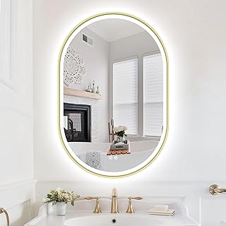 Comprar S'bagno Espejo Baño con Luz Ovalado 60x90 cm, Espejos de Baño con Led con Marco de Aluminio, Anti-Vaho, 3000-6500K, Función de Memoria, IP44 Espejo Baño Led, Horizontal/Vertical, Dorado
