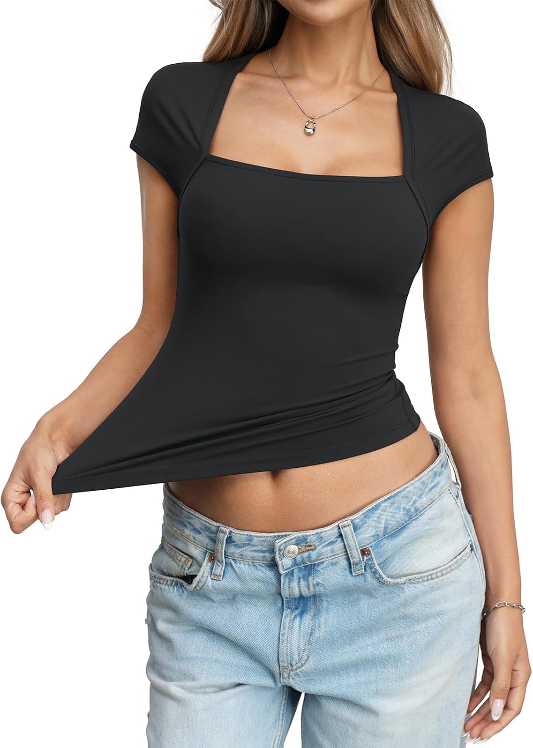 Womens Square Neck Short Sleeve Shirts Cap Sleeve Low Cut Tops Slim Fit Y2k Tee Cute Summer Crop Outfits 2026 - Image 5