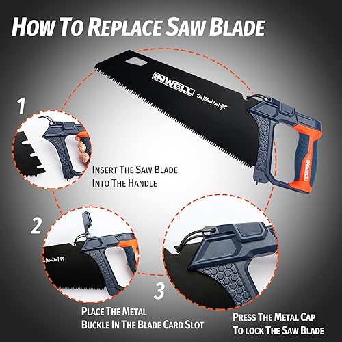 Miniatura 6 de Sierra de mano 4 en 1 con 4 cuchillas de cambio rápido, incluye hoja de sierra de yeso, metal, madera, plástico, guante de trabajo, mango suave y