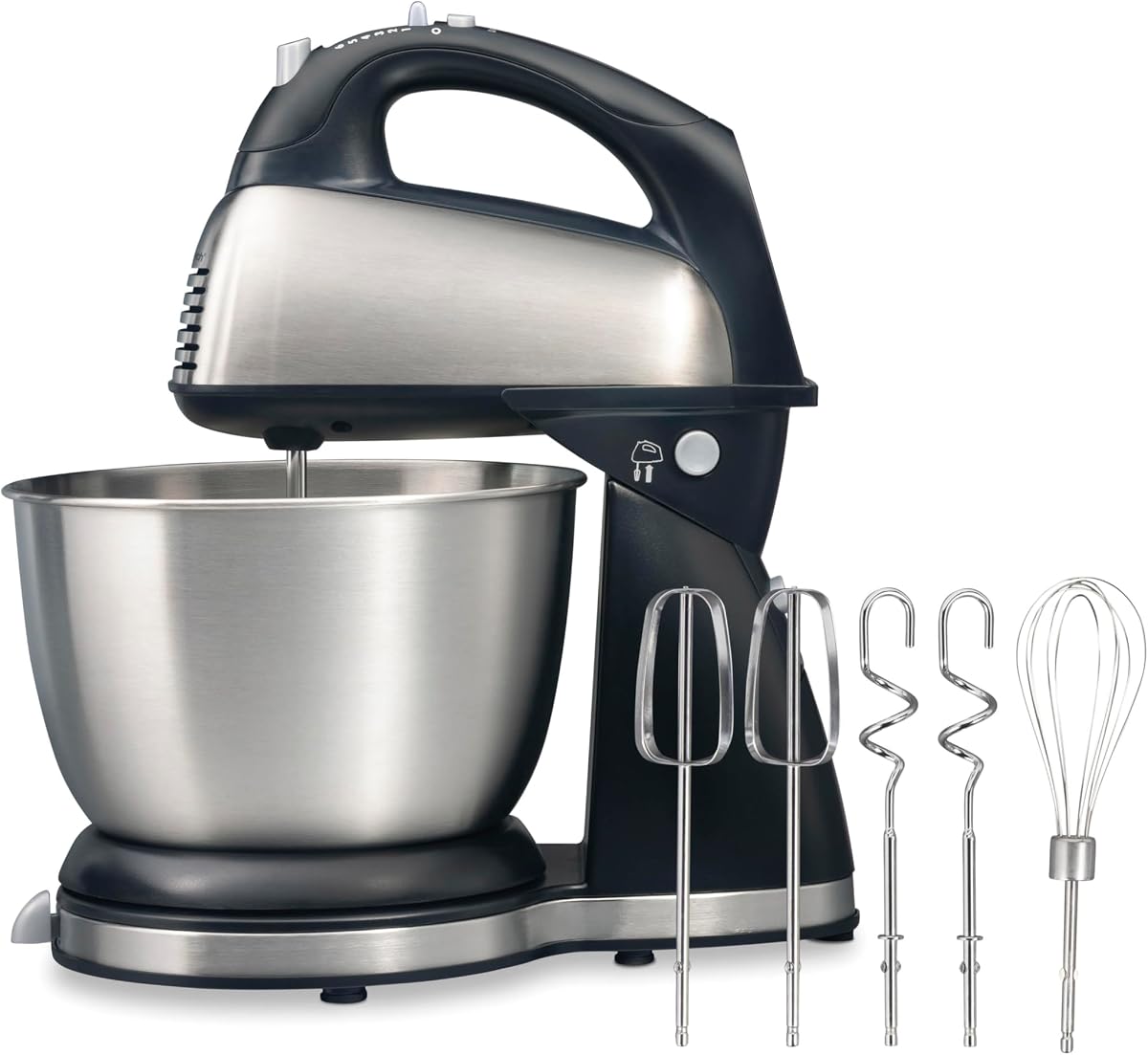 Batidora de mano y soporte Hamilton Beach Classic, 4 cuartos de galón, 6 velocidades con QuickBurst, reposapiés, potencia máxima de 290 vatios, negro y acero inoxidable | Versatilidad 2 en 1 | QuickBurst para mayor potencia | Potencia máxima de 290 vatios | Reposapiés integrado | Negro y acero inoxidable.