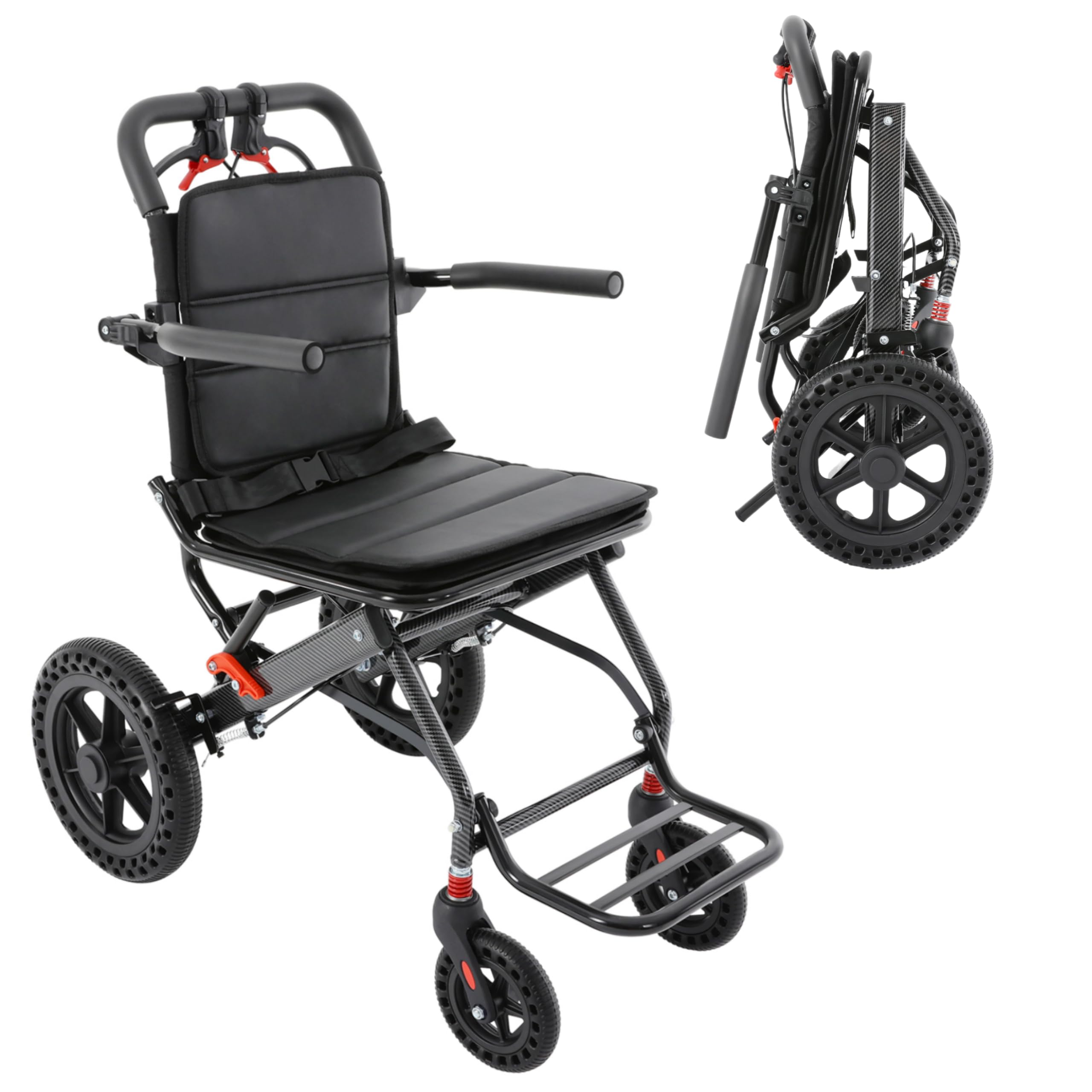 Silla de ruedas plegable ligera y portátil, de transporte, cómoda silla de ruedas con bolsa de viaje y ruedas con bloqueo para discapacitados y mayores, aluminio, capacidad de carga 100 kg