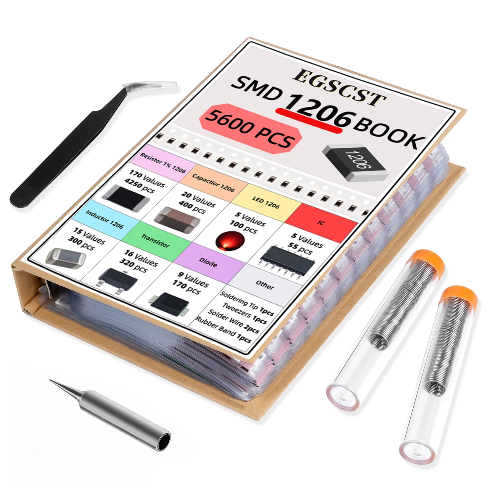 EGSCST 5600PCS 1206 SMD Resistor Kit from 0Ω to 10MΩ 1%, SMT Electronics Component Assortment Book with Resistors, Capacitors, Diodes, Transistors, IC