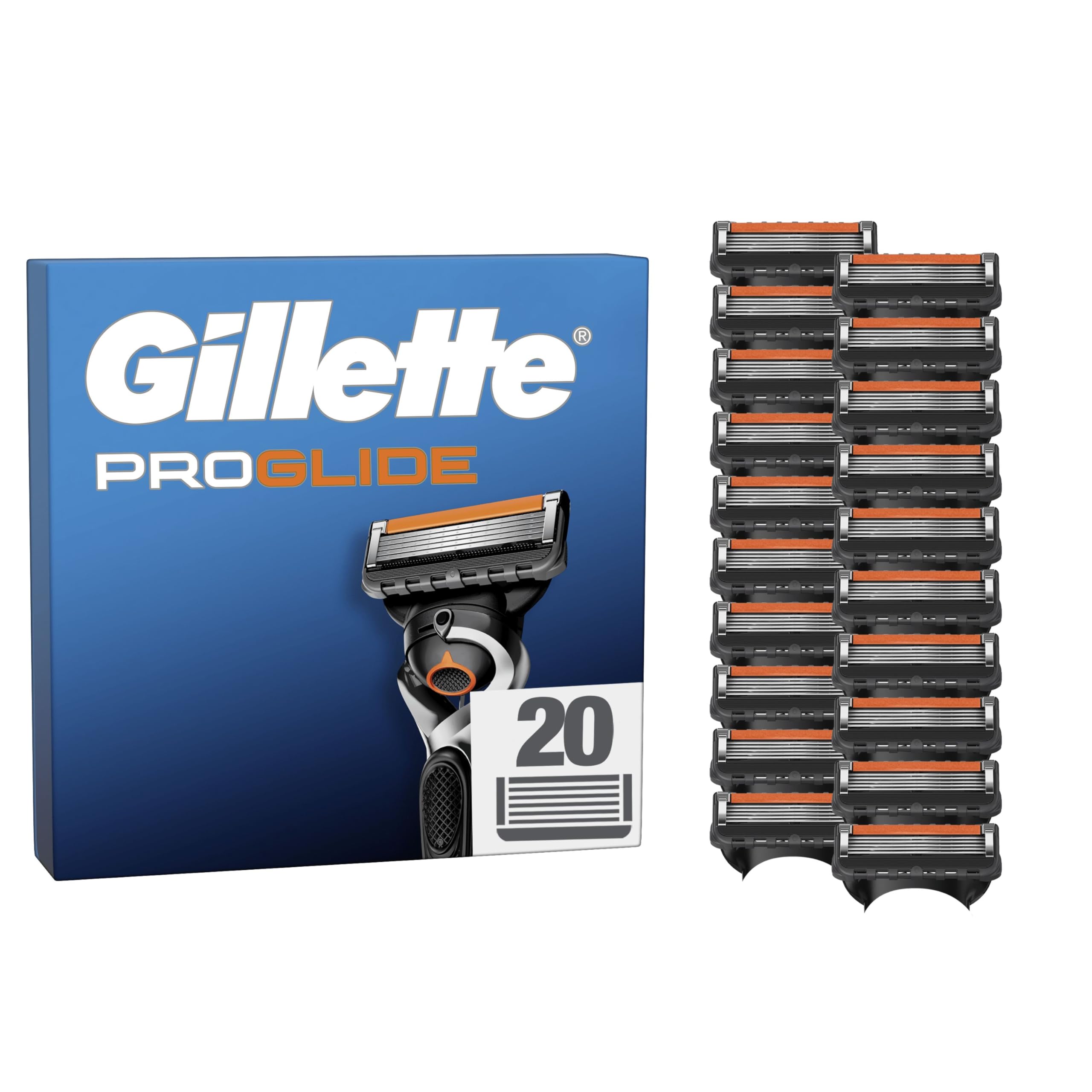 Gillette Proglide 20 x Men's Razor Refills - Genuine - 5 Blades - Ultra-Sharp - New Lubrication, Lubricating Strip x2, Flexible Facial Shaving