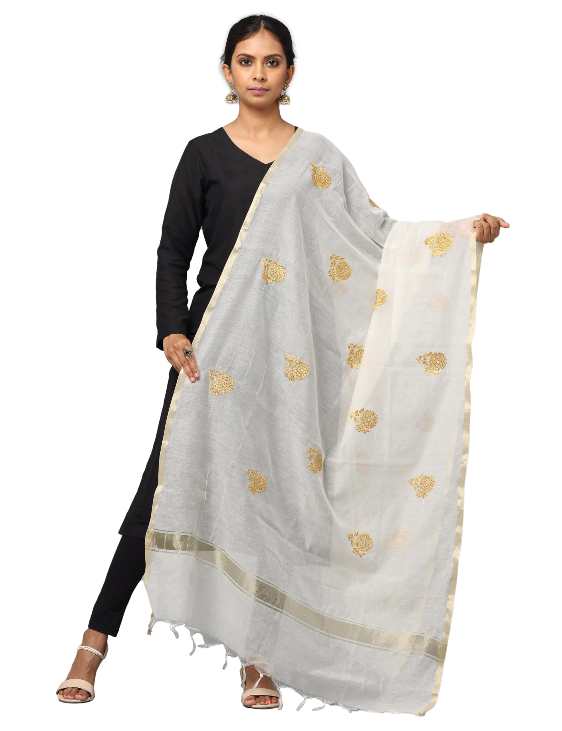 hella fashions Women's White Chanderi 2.25 Meter Dupatta with all Over Gold Zari Motif Embroidery & Gold Zari Borders and Tassels-picture-30