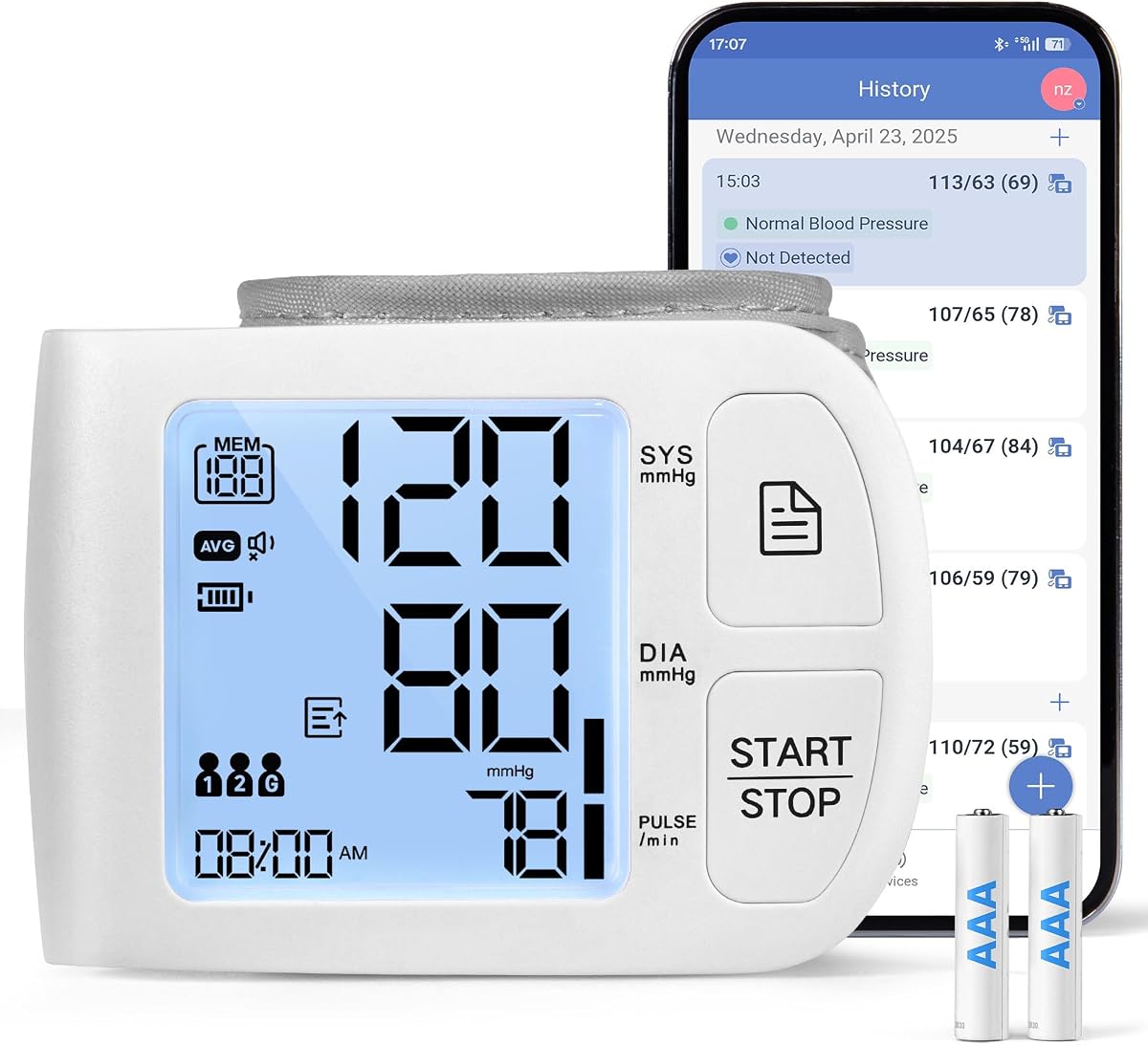 Blood Pressure Monitor Bluetooth BP Machine with Carrying Case, White | Compatible for iOS & Android, 199x2 Readings, Adjustable Wrist Cuff 5.31-8.46 inch, Voice Broadcast, Batteries Included