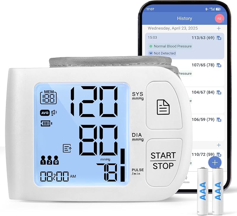 Blood Pressure Monitor Bluetooth BP Machine with Carrying Case, White | Compatible for iOS & Android, 199x2 Readings, Adjustable Wrist Cuff 5.31-8.46 inch, Voice Broadcast, Batteries Included