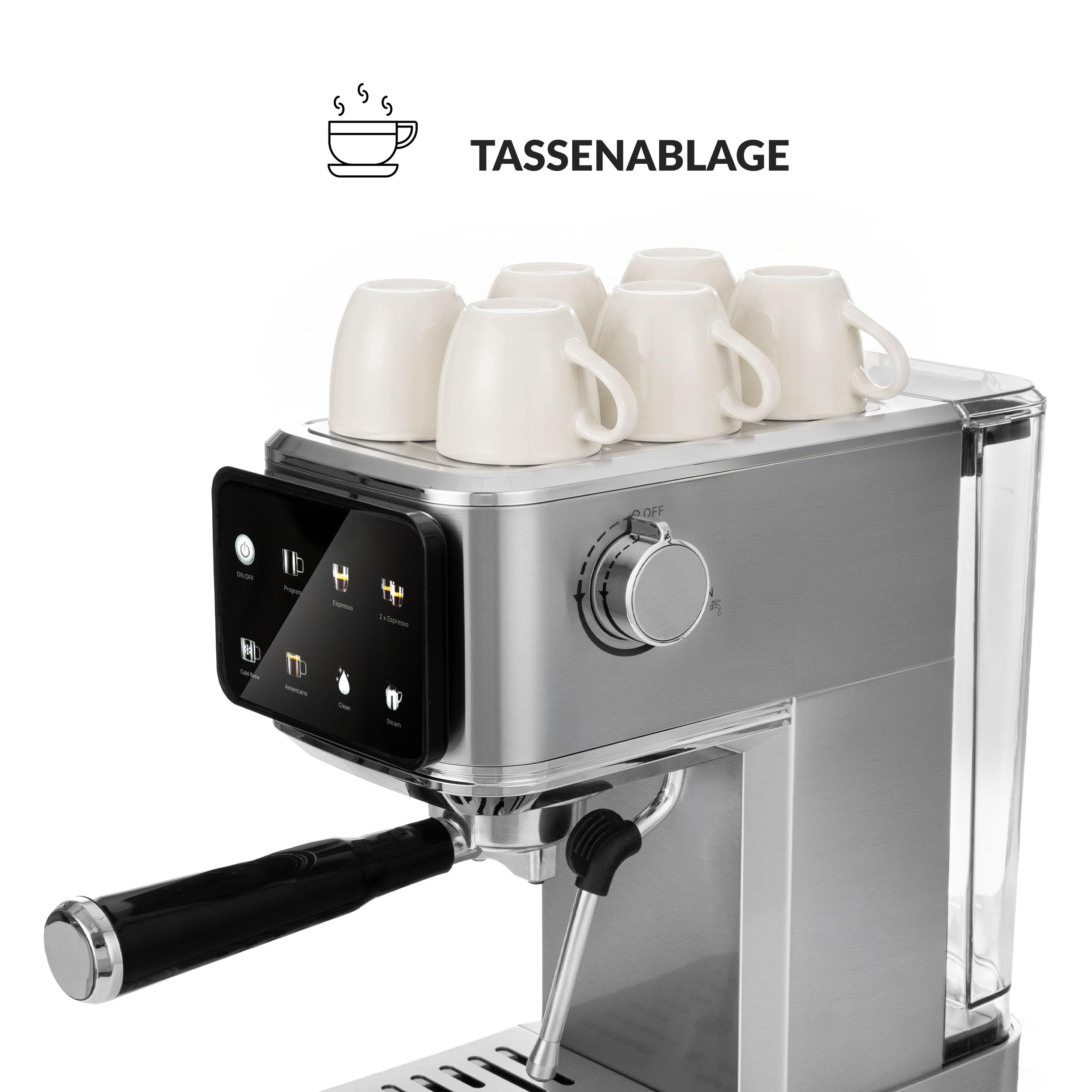LEHMANN Bellagio Kolbowy ekspres do kawy 20 bar z funkcją spieniania mleka | Do kawy mielonej i kapsułek 37 mm, dotykowy wyświetlacz LCD, Cold Brew, Americano, zbiornik na wodę o pojemności 1,2 l