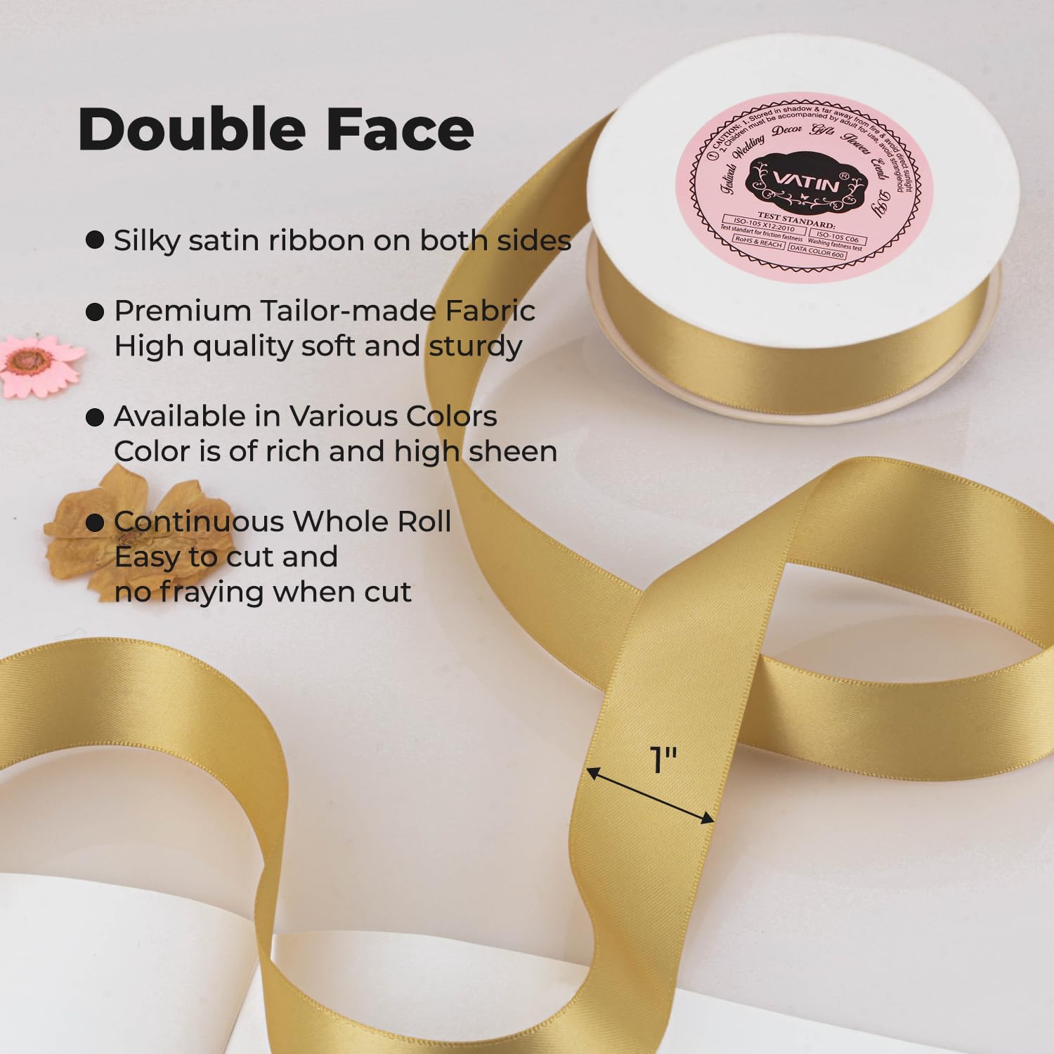 Slim Fit Bibs VATIN Double Face Gold Satin Ribbon - 1 Inch X 50 Yards ...