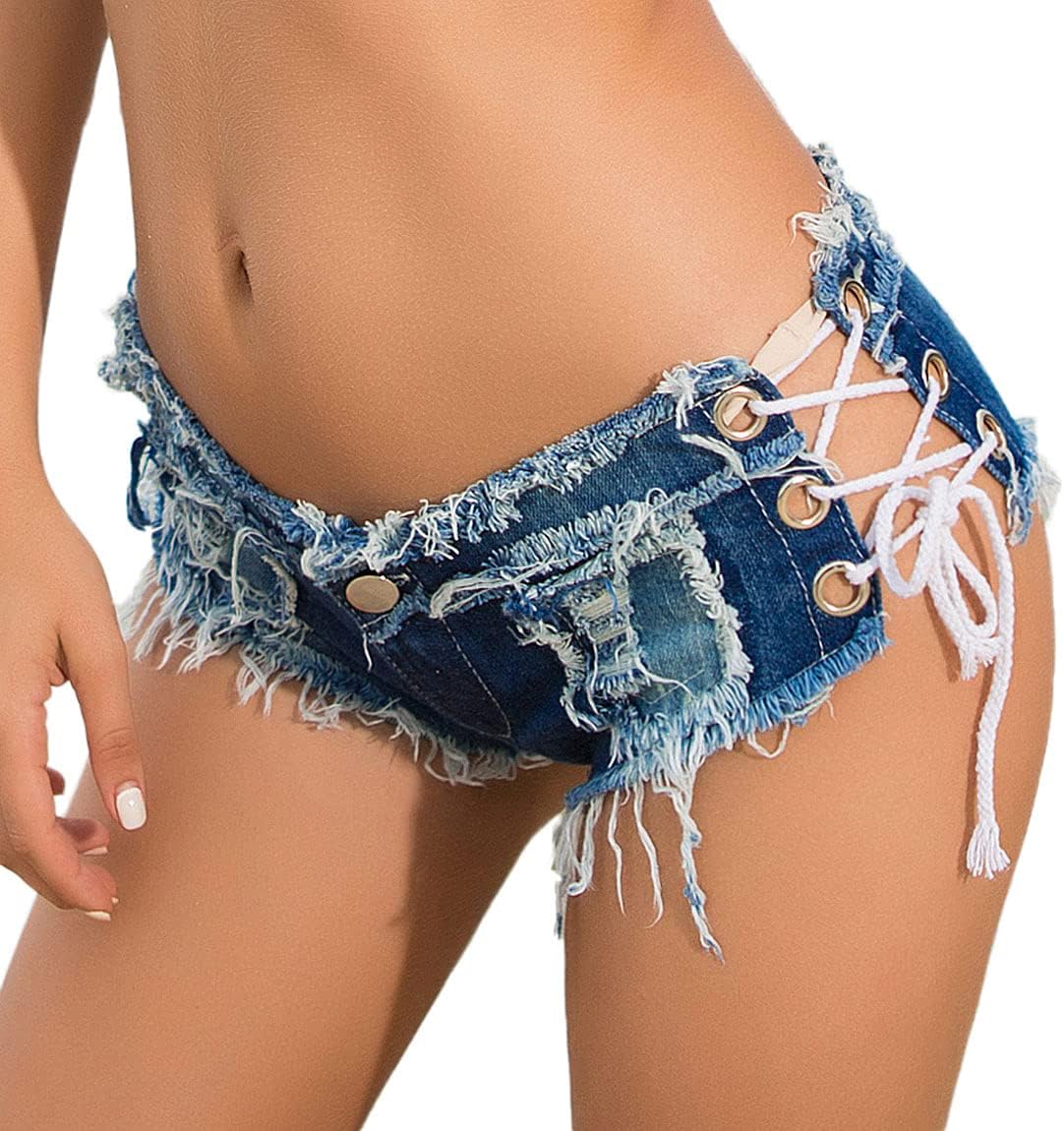 SoojunWomen's Low Rise Lace Up Cheeky Mini Denim Shorts Clubwear