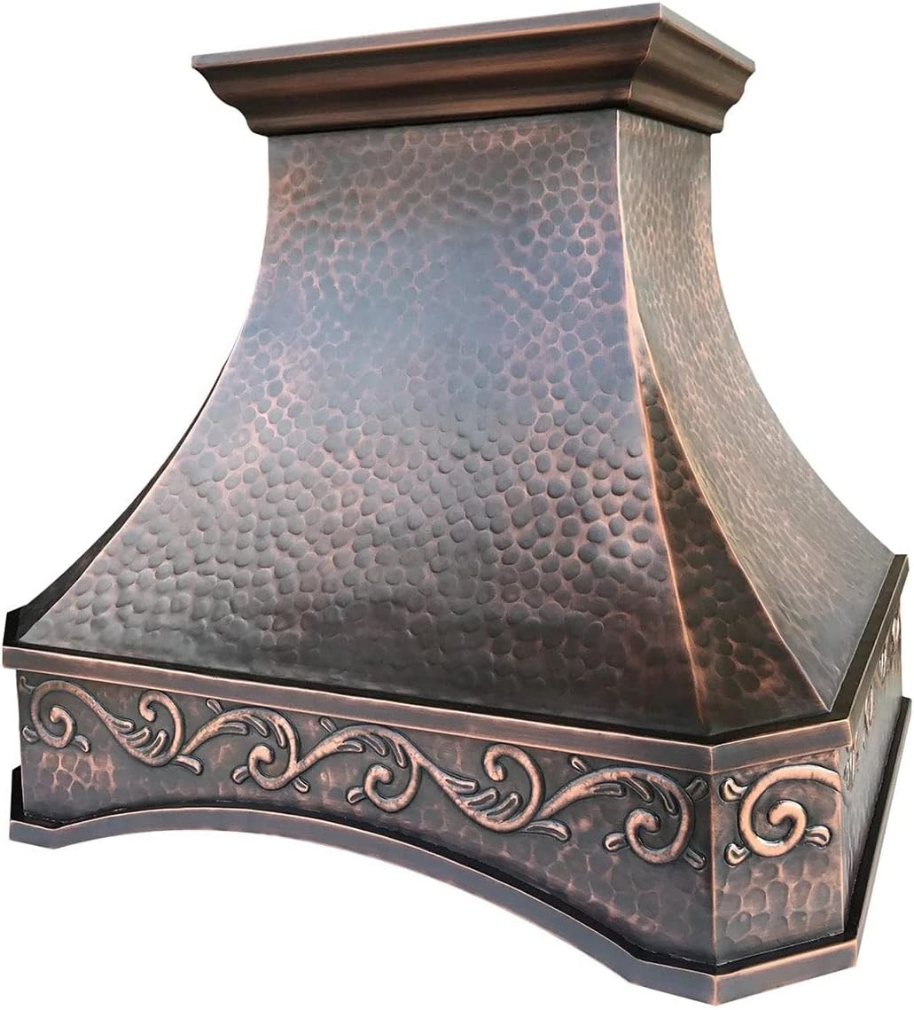 SINDA Copper Oven Hood Cover w/High CFM Commercial Grade Range Hood Insert, Inlcudes Fan Motor, Blower Box, Baffle Filter & Lighting, 36"W x 30"H, Antique-Smooth Texture, Wall Mount, H26A-RSCW3630