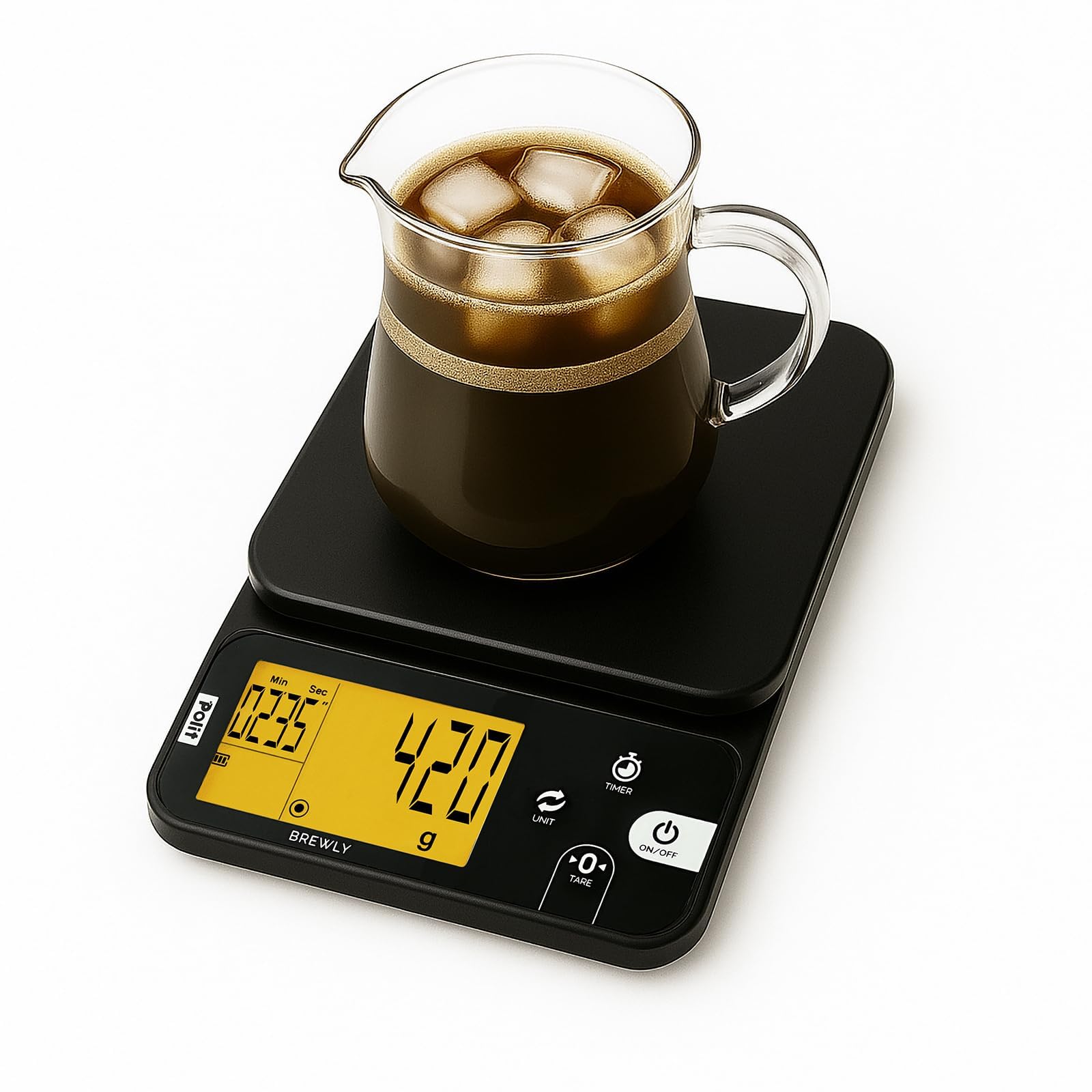 Polit Brewly Kaffeewaage mit Timer, 0,1 g, Espresso & Pour Over, Schwarz | Ultraflaches Design, Hitzebeständige Unterlage, USB-C oder Batterie, ml-Modi für Milch & Wasser, Für Barista & Reisen