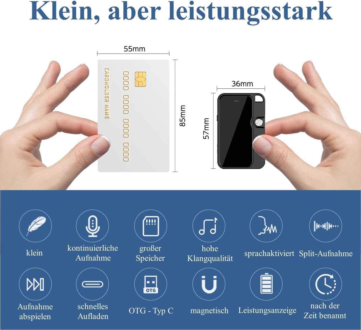 Mini Diktiergerät mit OTG, 64GB Digitales Aufnahmegerät mit Sprachaktivierung & Geräuschunterdrückung, One-Touch-Aufnahme, 1536Kbps HD-Stereo, Lange Akkulaufzeit für Büro, Uni & Interviews