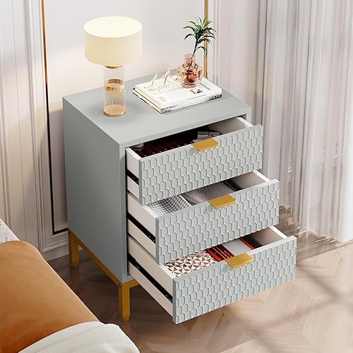 Miniatura 11 de LITTLE TREE Mesita de noche moderna con 3 cajones, color blanco dorado, mesa auxiliar con almacenamiento para dormitorio, sala de estar Blanco y