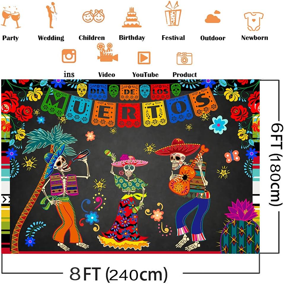 Avezano Day of The Dead Backdrop Mexican Sugar Skull Photography Background 8x6ft Vinyl Dia DE Los Muertos Dress-up Party Supplies Fiesta Banner Decoration (8x6ft)