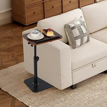 comfoyar C Shaped Side Table Adjustable Height, 360° Swivel 180° Flip Bedside Table with Slat for Sofa Bathtub, Laptop Stand TV Coffee Sofa Tray End Table for Snack Drinks Eating, Small Space, Brown