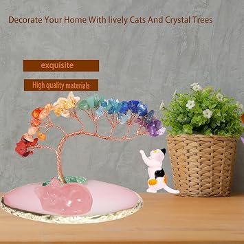 Dreamgirnh Opal Cat Chakra Crystal Tree and Healing Stones Cute Sleeping Cat Statue Lucky Kitten Figurine Office Bedroom Home Desk Fairy Garden Decoration cat Lovers Gifts for Women (Rose Quartz)