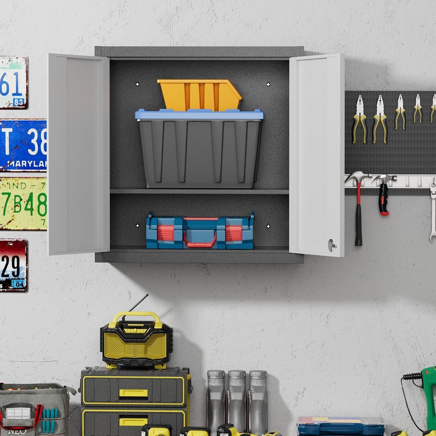 SUPEER Armario colgante de metal para herramientas con 1 estante ajustable en altura y 2 puertas, armario colgante de pared con cerradura de acero inoxidable, garaje, taller, cocina, 66 x 66 x 30 cm