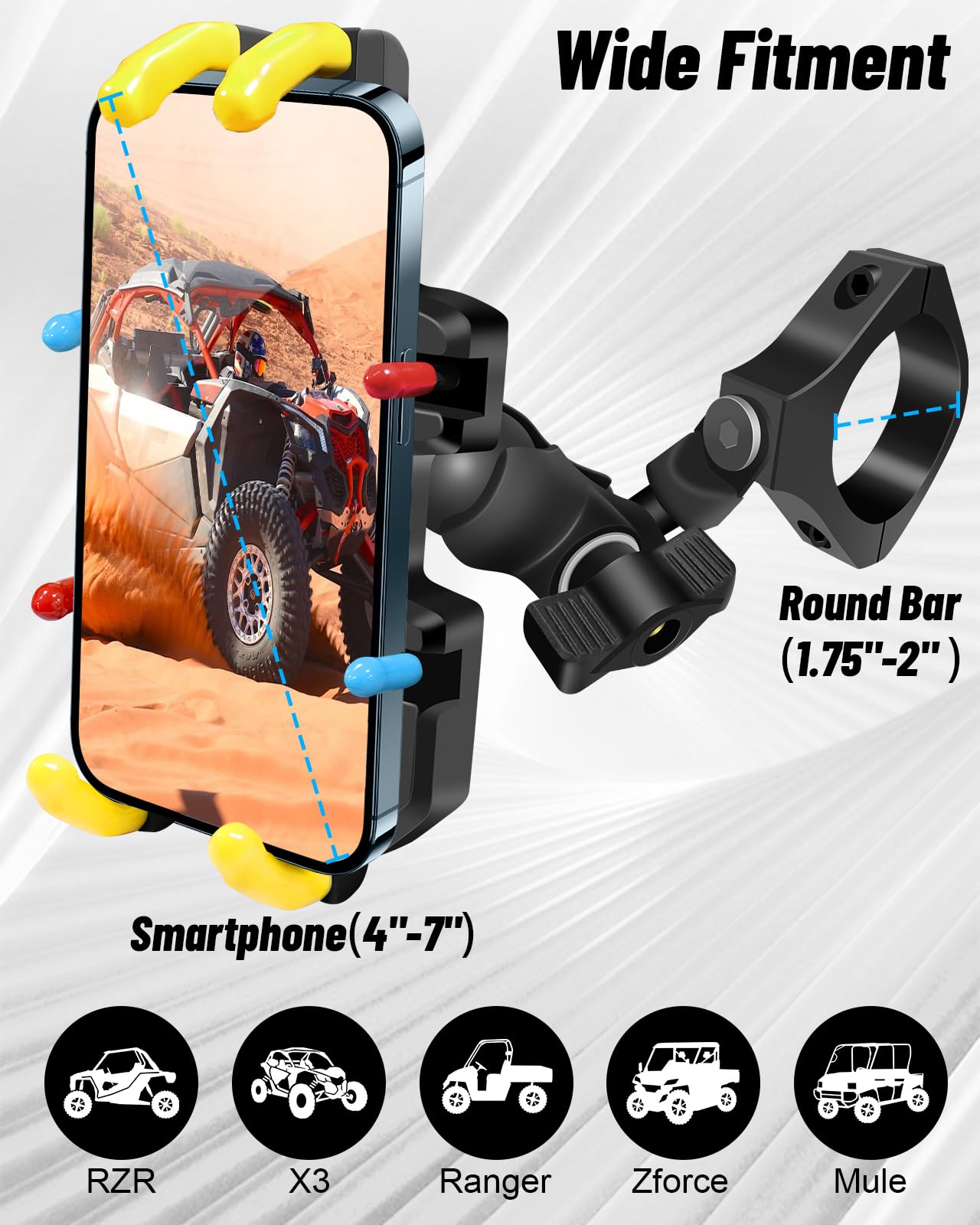 Soporte para teléfono UTV – Soporte de teléfono resistente ajustable de 360°, 8 garras para tubo redondo de 1.75 a 2 pulgadas, compatible con RZR Maverick X3 Ranger Pioneer Talon Teryx