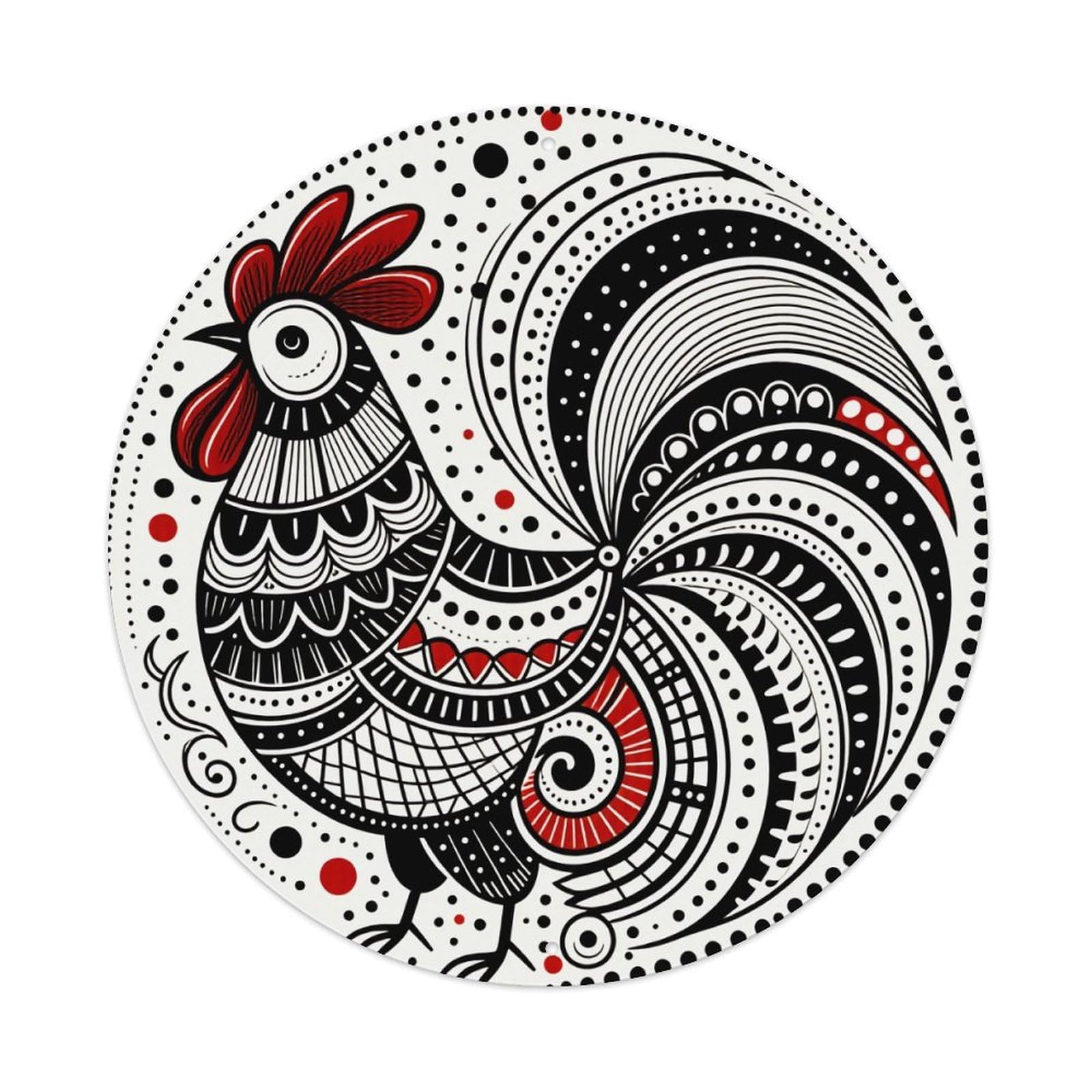 Rooster Pattern With Black White Red Round Tin Sign Vintage Metal Poster Retro Bar, Home, Man Cave, Kitchen, Laundry Room Wall Art Decor Gift 8x8In