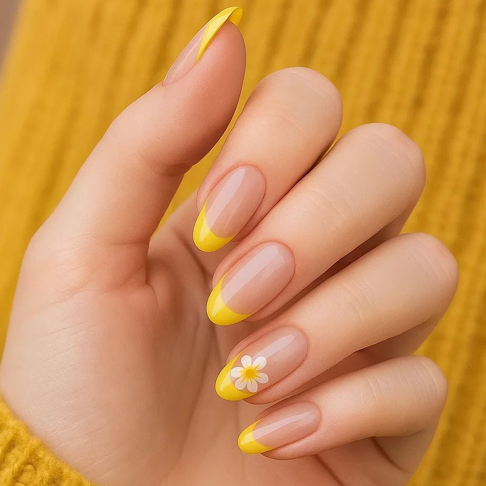 Short Almond Press-On Nails with Yellow French Tip & Daisy Accent - Image 2