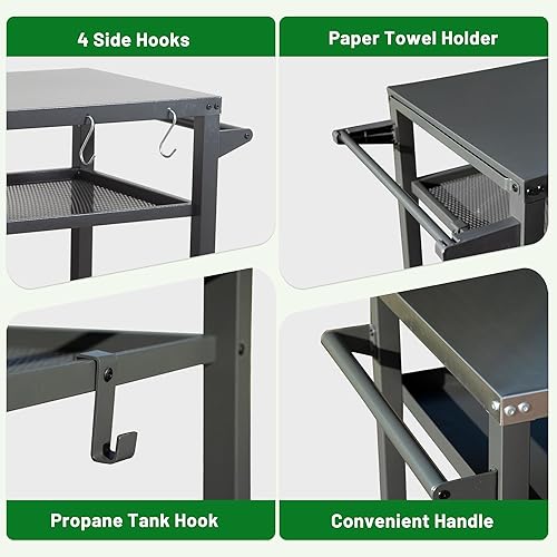 Vista 20 de Domi - Carrito de 3 estantes para parrilla al aire libre con ruedas, mesa para horno de pizza y mesa de preparación de alimentos, mesa de acero