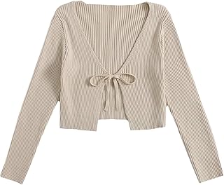 Floerns Women's Tie Front Long Sleeve Rib Knit Cardigan Crop Top