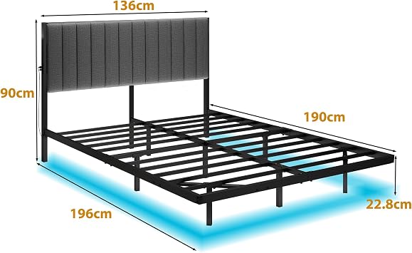 DUMEE Double Bed Frame with Upholstered Headboard, 4ft6 Floating Bed Frame with Charging Station and LED Light, Metal Slats Support, No Box Spring Needed,Gray Double Bed