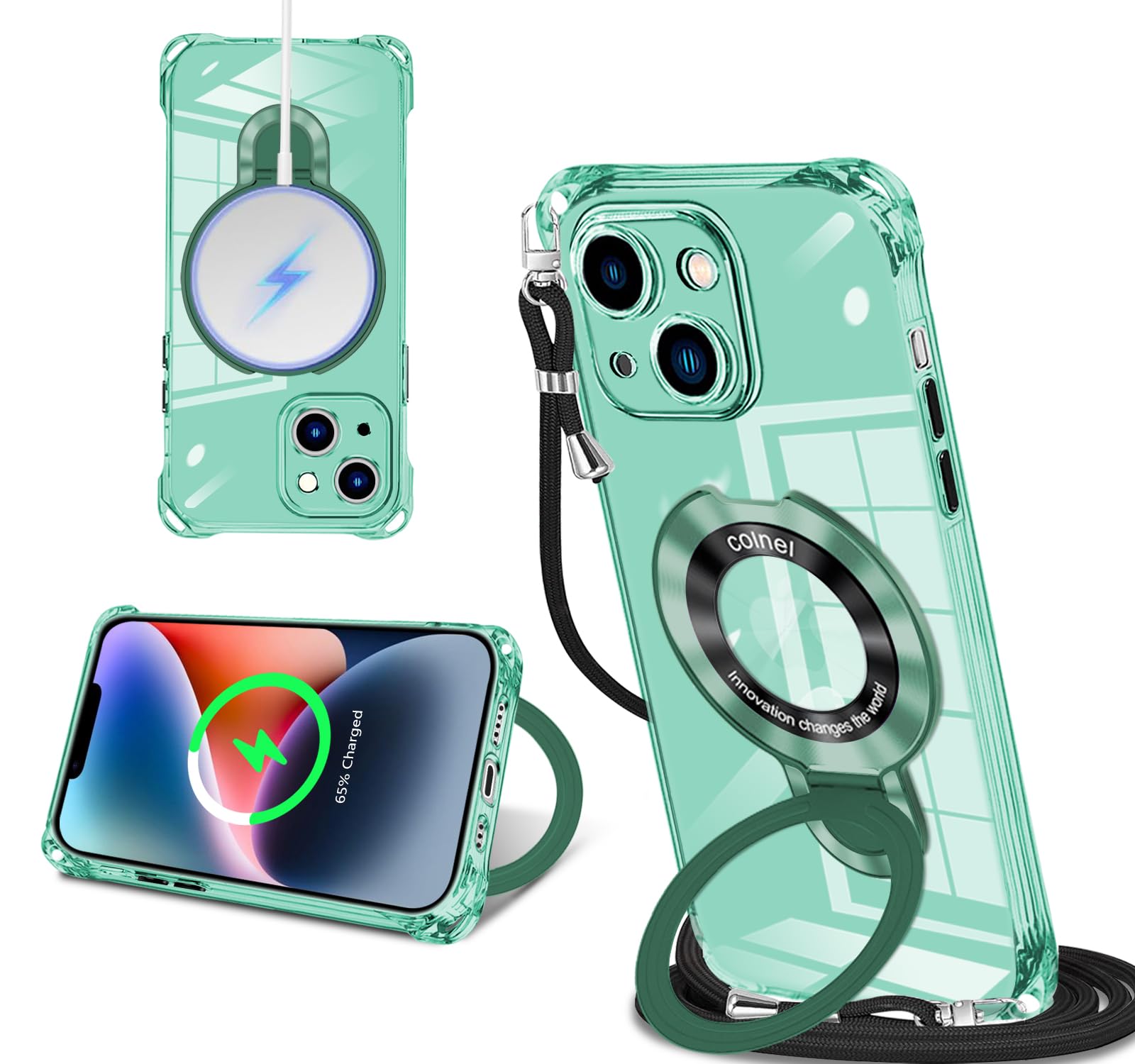 iPhone 13mini 用 ケース MagSafe対応 リング付き ネック ショルダー アイフォンiPhone 13mini 縄掛け 肩掛け 斜めかけ 韓国 可愛い 縄掛け カバー 丸型スタンド付き マグネット搭載 縦横両対応 耐衝撃 ワイヤレス充電 ストラップホール付き あいほん