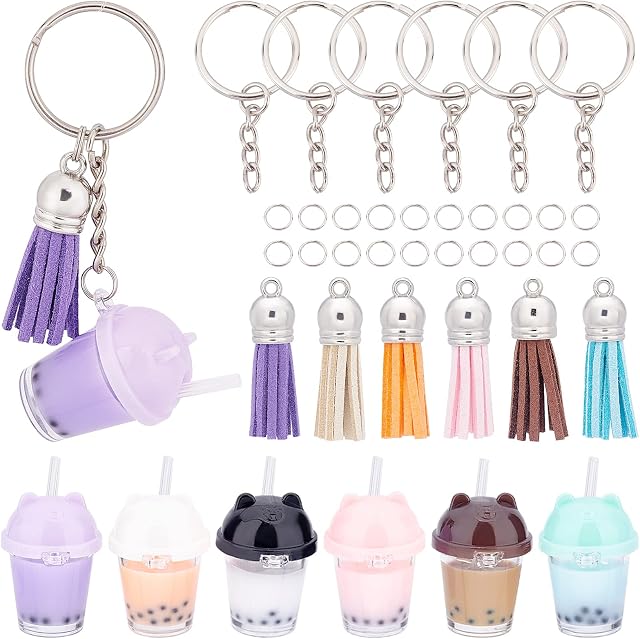 SUNNYCLUE DIY 6 Set Milk Tea Charms Faux Suede Tassel Keychain Making Kit Bubble Tea Keychain Summer Bubble Tea Charms for Jewellery Making Bear Boba Milk Tea Charm Key Rings Milk Tea Keychain Craft