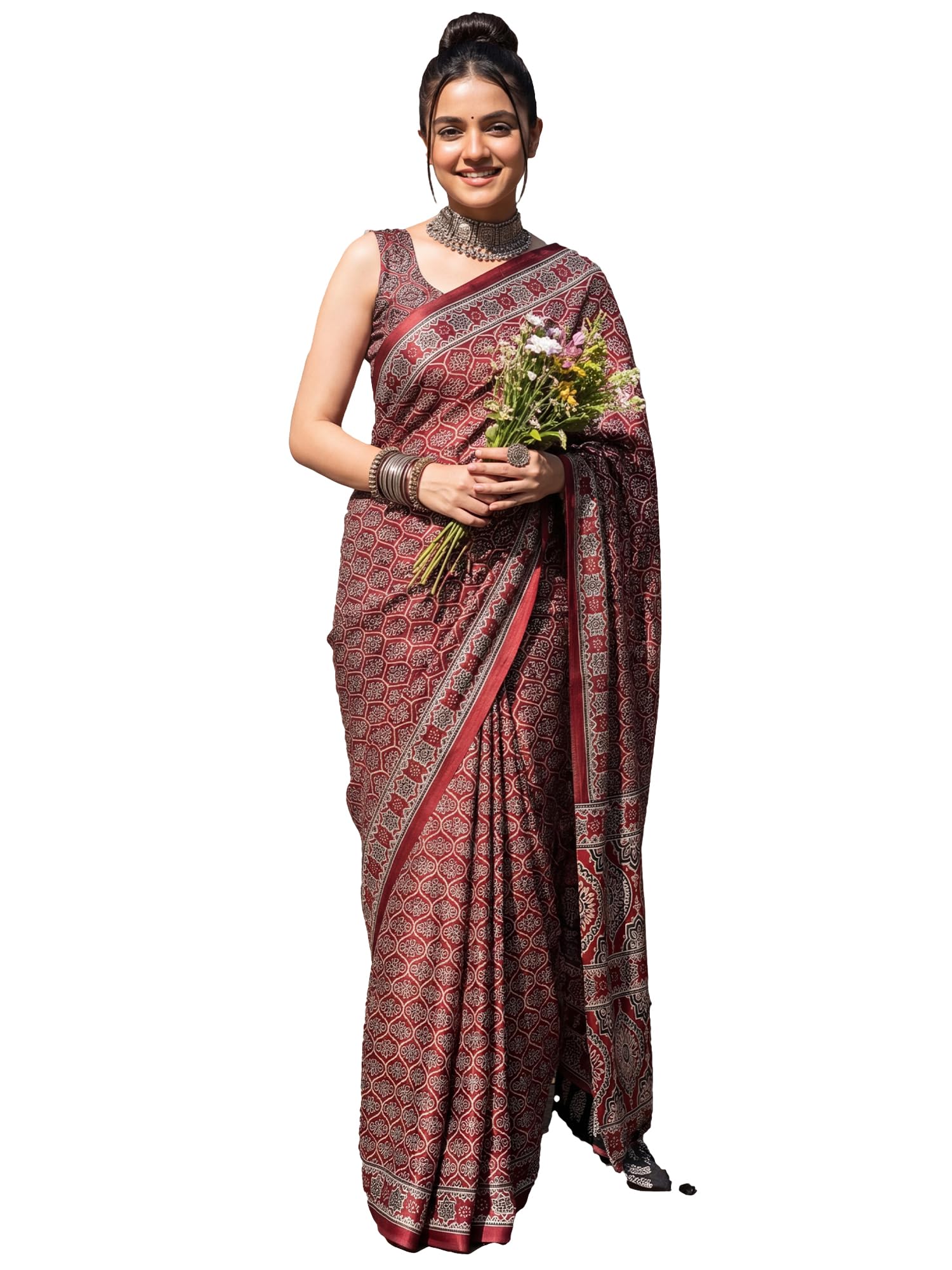 akhilam Women's Maroon Soft Crepe Ajrak Print Saree With Unstitched Blouse Piece |saree for women |crepe saree for women (MOHAR204A_GT)-picture-44