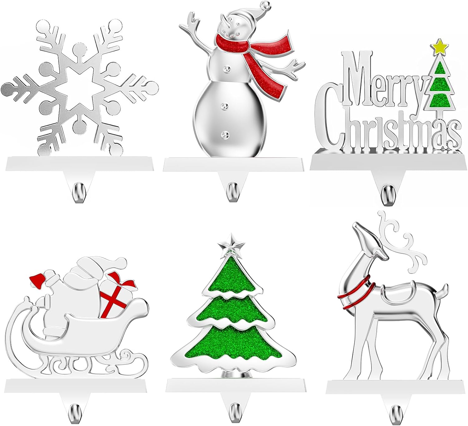6 Pack Christmas Stocking Holders for Mantle Stockings Hanger | Set of 6, Snowflake Snowman Tree Deer Reindeer Heavy Weighted Hooks for Mantel Fireplace Windows Indoor Decorations Silver