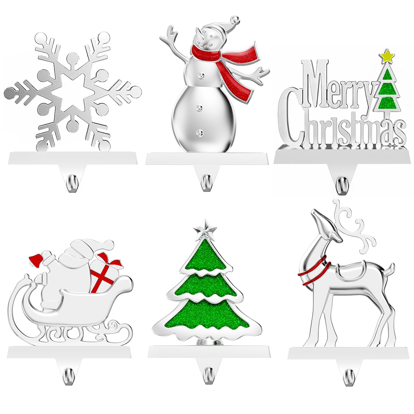 Lot de 6 supports de chaussettes de Noël pour cheminée - Crochets lourds pour cheminée, fenêtres, décorations d'intérieur - Argenté