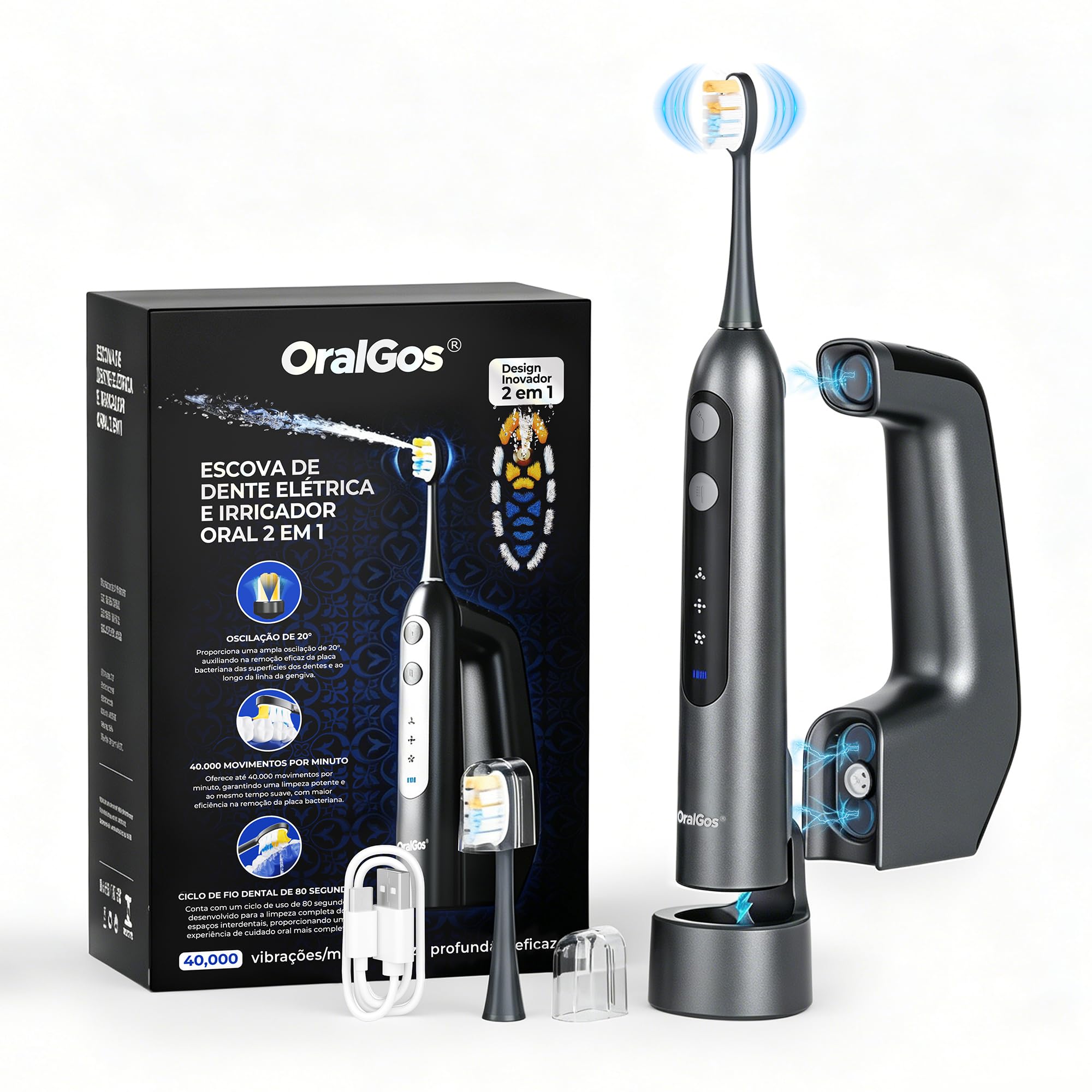 OralGos Escova de Dentes Elétrica Inovadora 2 em 1 com Irrigador