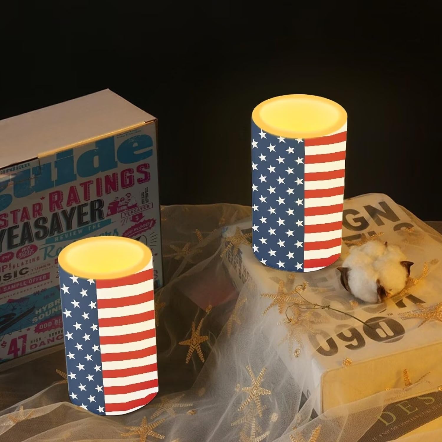 Set of 2 Modern American Flag Flameless Candles with Remote Outdoor Battery Operated Candles with Timer Flickering LED Pillar Lights for 4th of July USA Patriotic Decoration