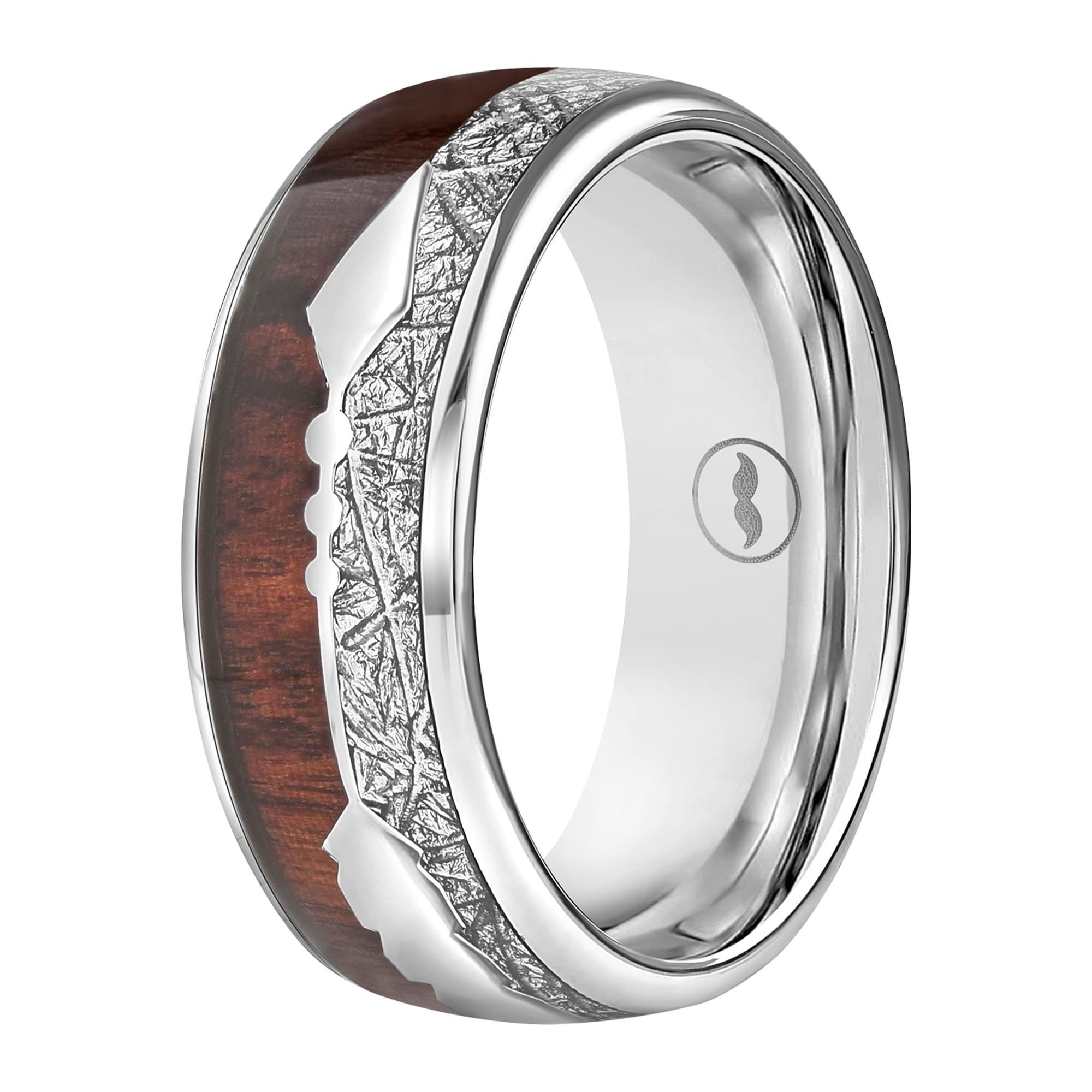 Men's Silver Tungsten Carbide Wedding Band With Meteorite Inlay - Premium Grade Ring With Koa Wood & Arrow Inlay - Includes Silicone Band, Leather