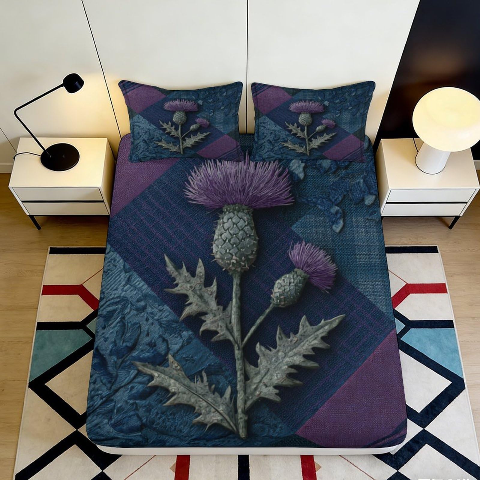 3D Printed Thistle Floral Fitted Sheet Microfiber Deep Blue Purple Nature Bed Cover for Bedroom Guest Room 90x200x25cm