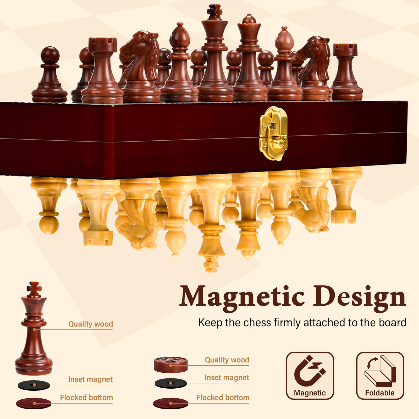 Naxup Juego De Ajedrez Magnético 3 En 1 De Madera – Tablero Plegable Para Viaje Con Ajedrez, Damas Y Cinco En Raya – Regalo Educativo Para Niños Y Adultos (29x29 Cm)
