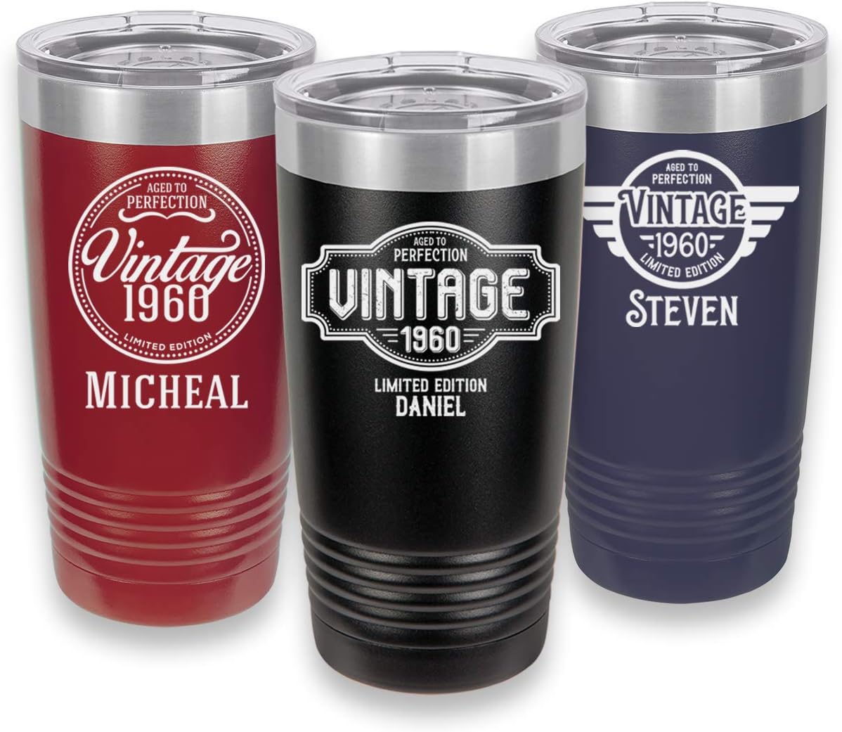 Froolu Custom Portable Tumbler Coffee Mug - 4 Vintage Design Options - Personalized Year & Name - Cool Mens Birthday Gifts for 30th, 50th Bday Gift for Him - Engraved