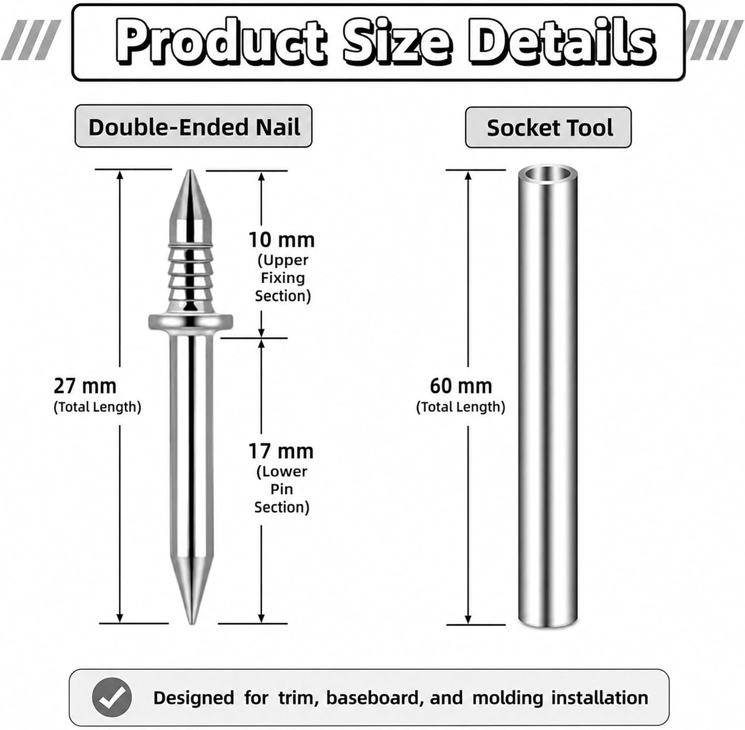 500-Pack Invisible Double-Ended Nails, Mark-Free Fixing Screws for Installing Solid Wood Baseboards, Decorative Moldings, and Wall Panels, Double-Sided Fixing Design for Seamless Installation.