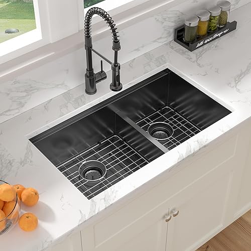 Vista 157 de Sarlai Fregadero doble de 33 piezas para empotrar - Fregadero de cocina de 33 x 19 pulgadas, acero inoxidable de calibre 16, esquina redonda, doble