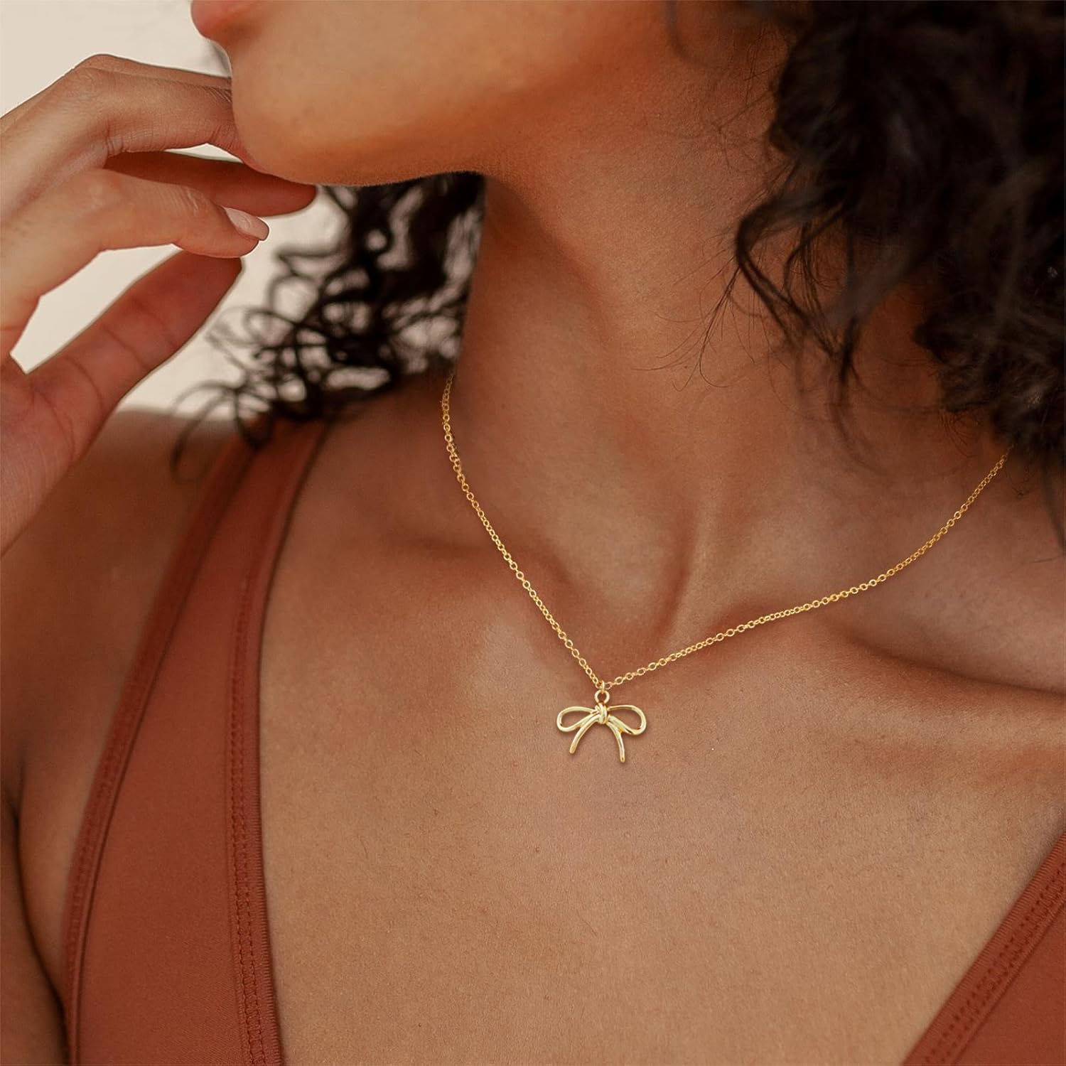 Gold Necklace for Women Trendy, Dainty Gold Bow Necklace 14K Gold Plated Necklace Cute Bow Pendant Necklace Simple CZ Bead Bow Chain Choker Necklaces for Women Gold Jewelry Christmas Gifts - Image 3