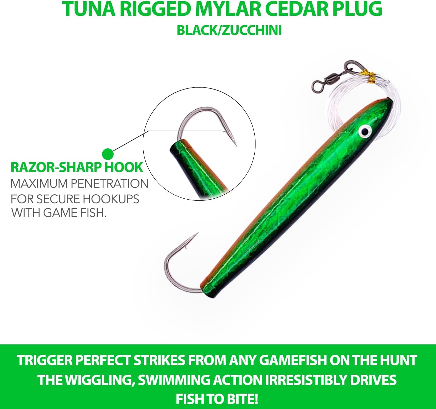 6" Cedar Plug Lures, 6 Pcs Black/Zucchini Mylar Rigged, for Saltwater Fishing, Includes Durable Lure Bag, Ideal for Offshore Trolling